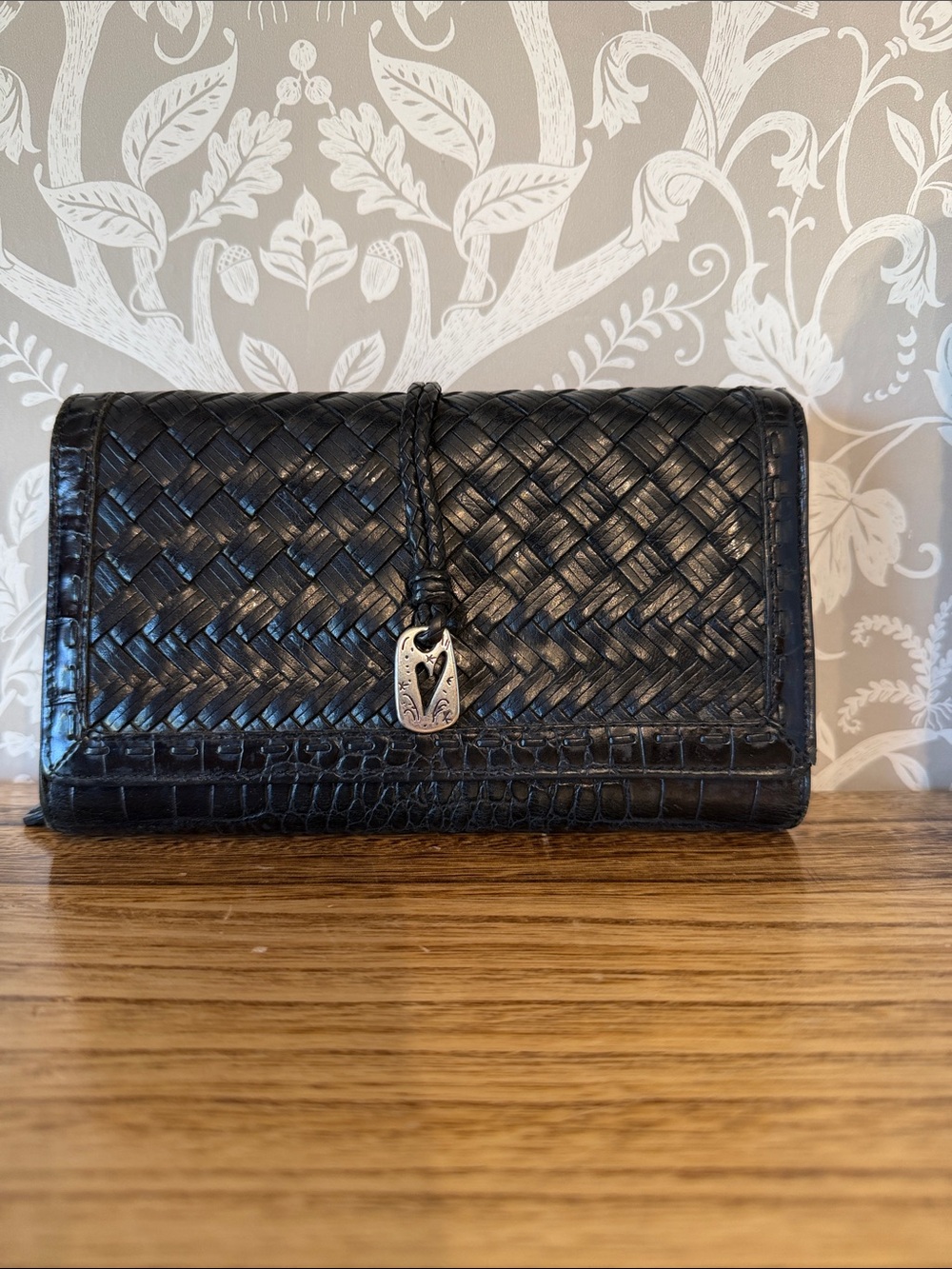 Brighton Woven Leather Clutch Wallet Black w/ Silver Hardware EUC